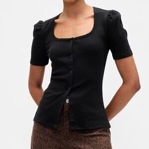 GAP Black Ribbed Scoop Neck Puff Sleeve Top/NWT/XL